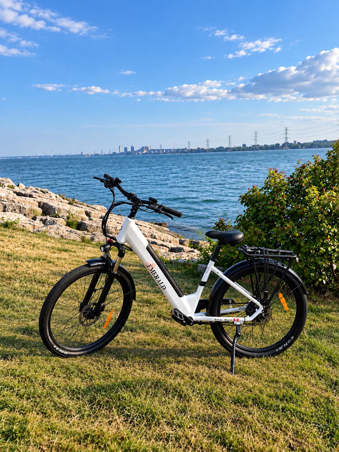 An Emerald e-bike by Lake Ontario with the Toronto skyline on the horizon