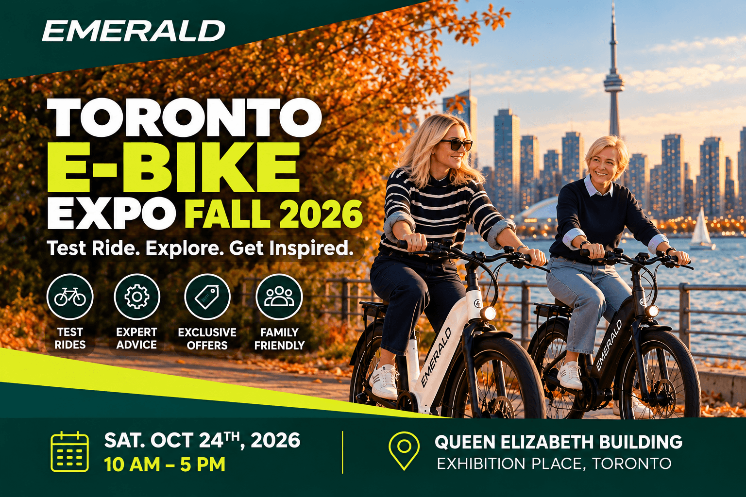 Emerald e-bikes beside Lake Ontario with two mom and girl riders